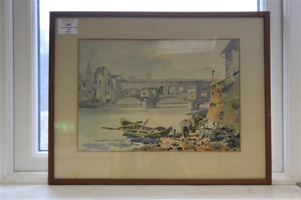 Giulio Falzoni (1900-1978), watercolour, View of the bridge at Florence, signed, 23 x 33cm